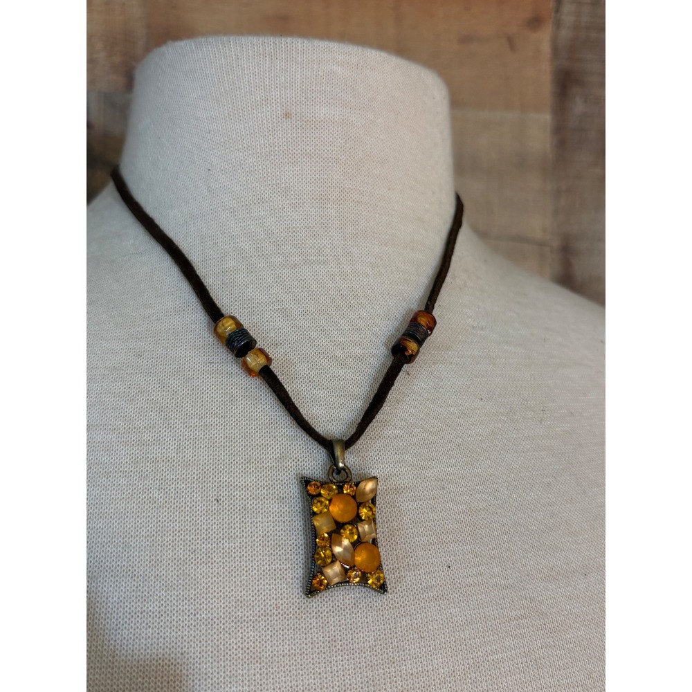 Brown Suede Cord Necklace Amber Crystal Mosaic Rectangle Pendant Heart Charm